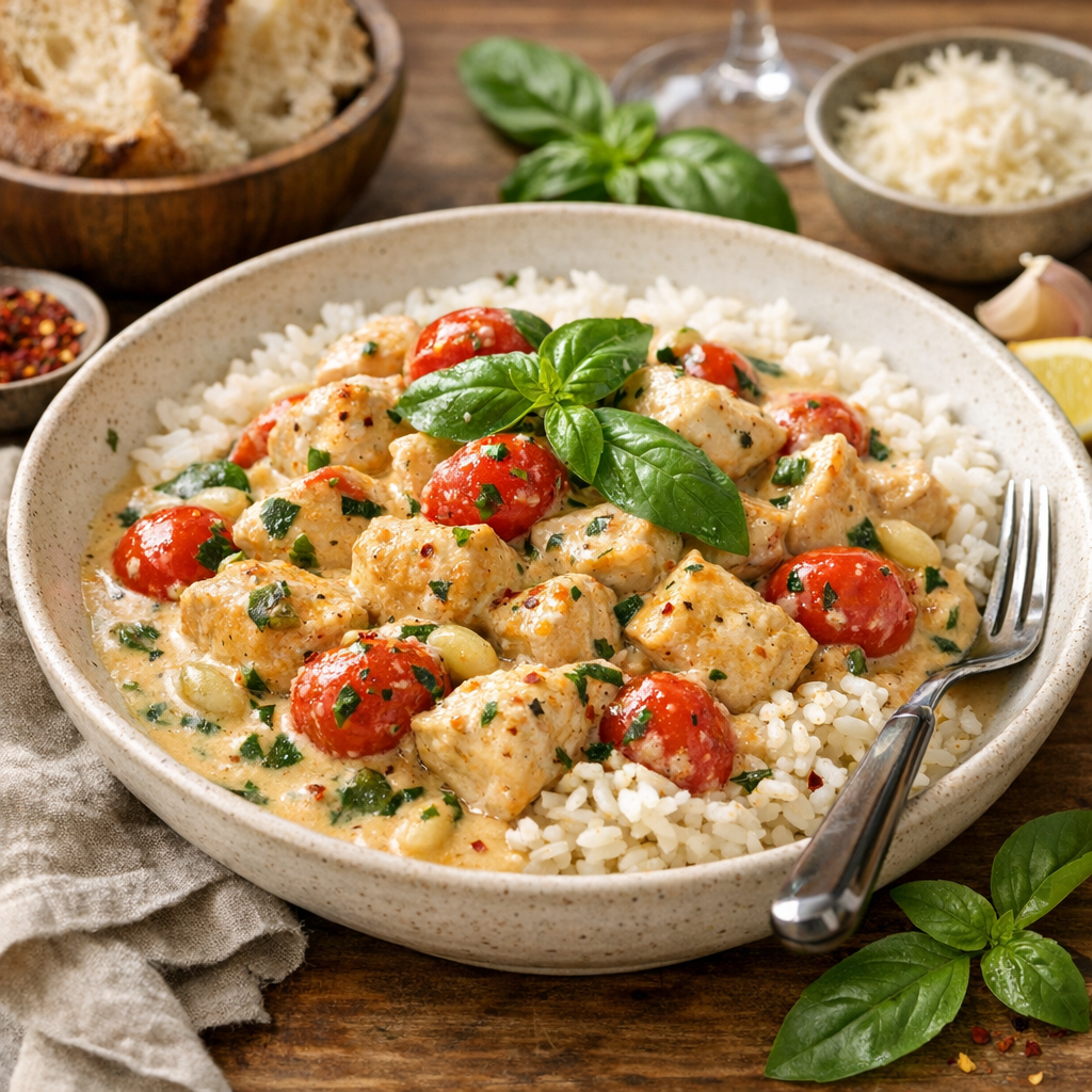 Billig kycklinggryta med vitlök och basilika