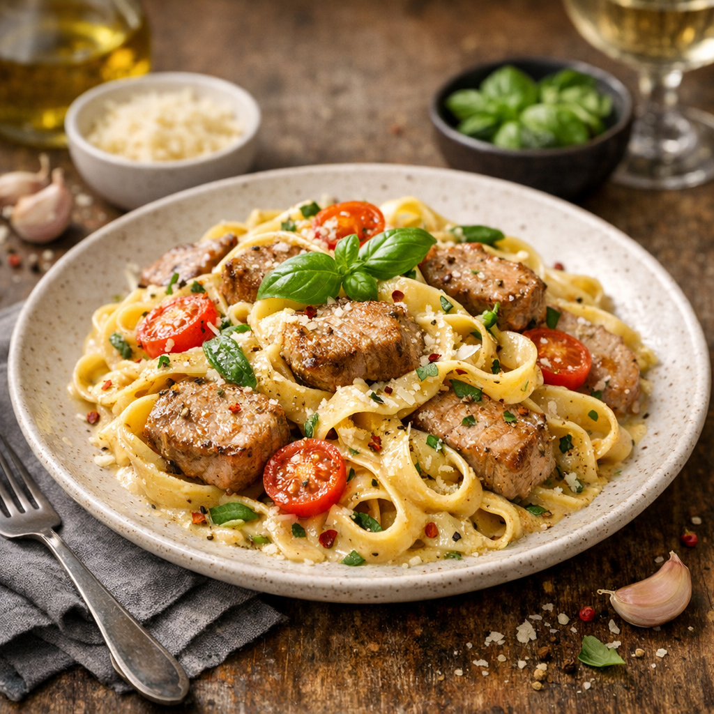 Vitlöksdoftande fläskfilépasta