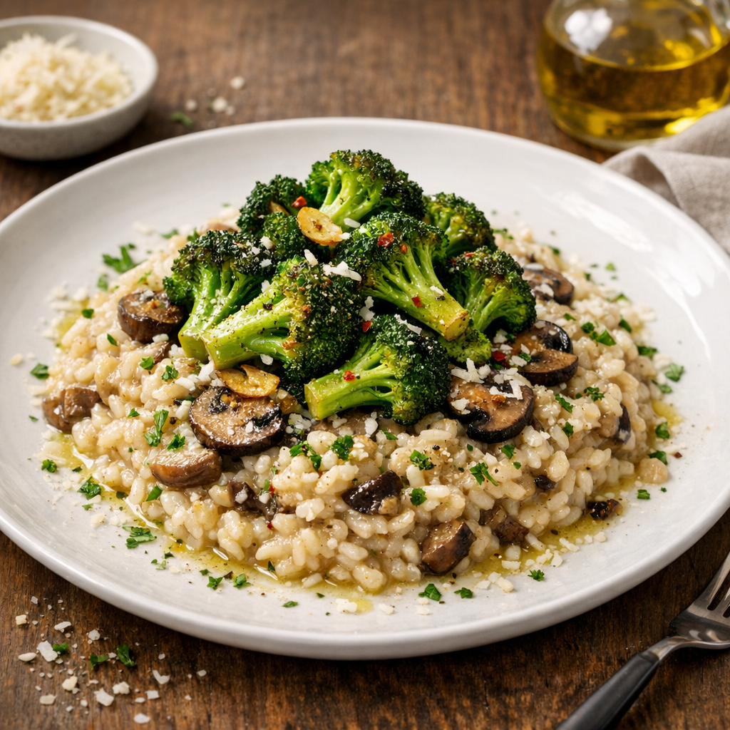 Svamprisotto med vitlöksstekt broccoli