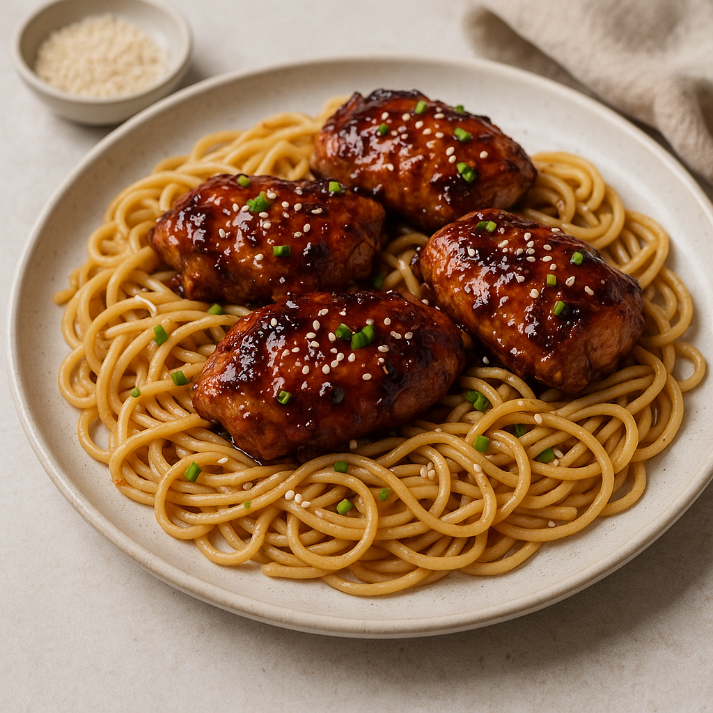 Sticky chicken med sesamnudlar