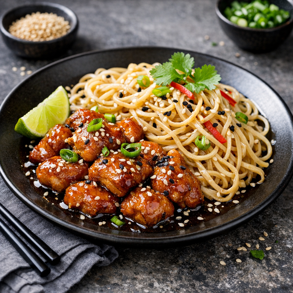 Sticky chicken med sesamnudlar