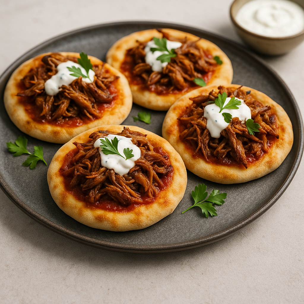 Småpizzor med pulled pork och vitlöksyoghurt