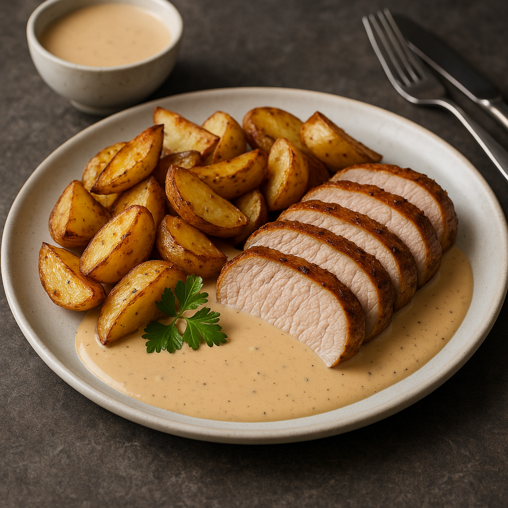 Fläskytterfilé i ugn med potatis och gräddsås