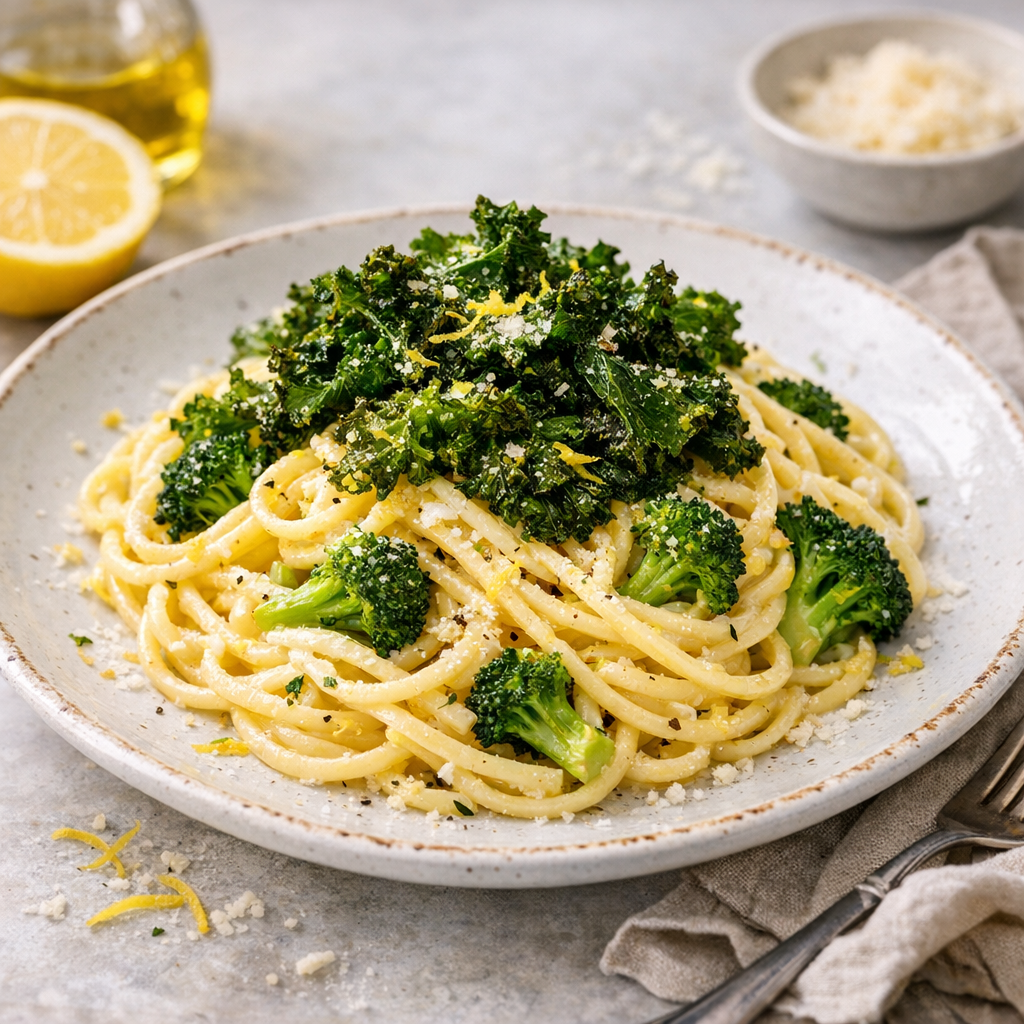 Citronpasta med broccoliflakes och krispig grönkål