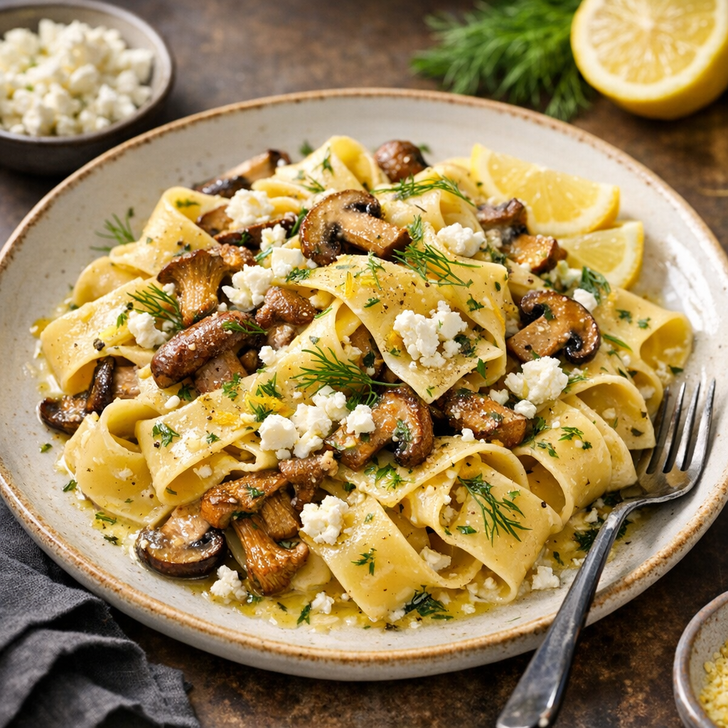 Pappardelle med svamp fetaost dill och citron