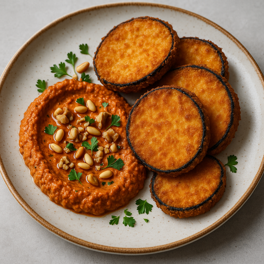 Panerad aubergine med paprikaröran Muhammara