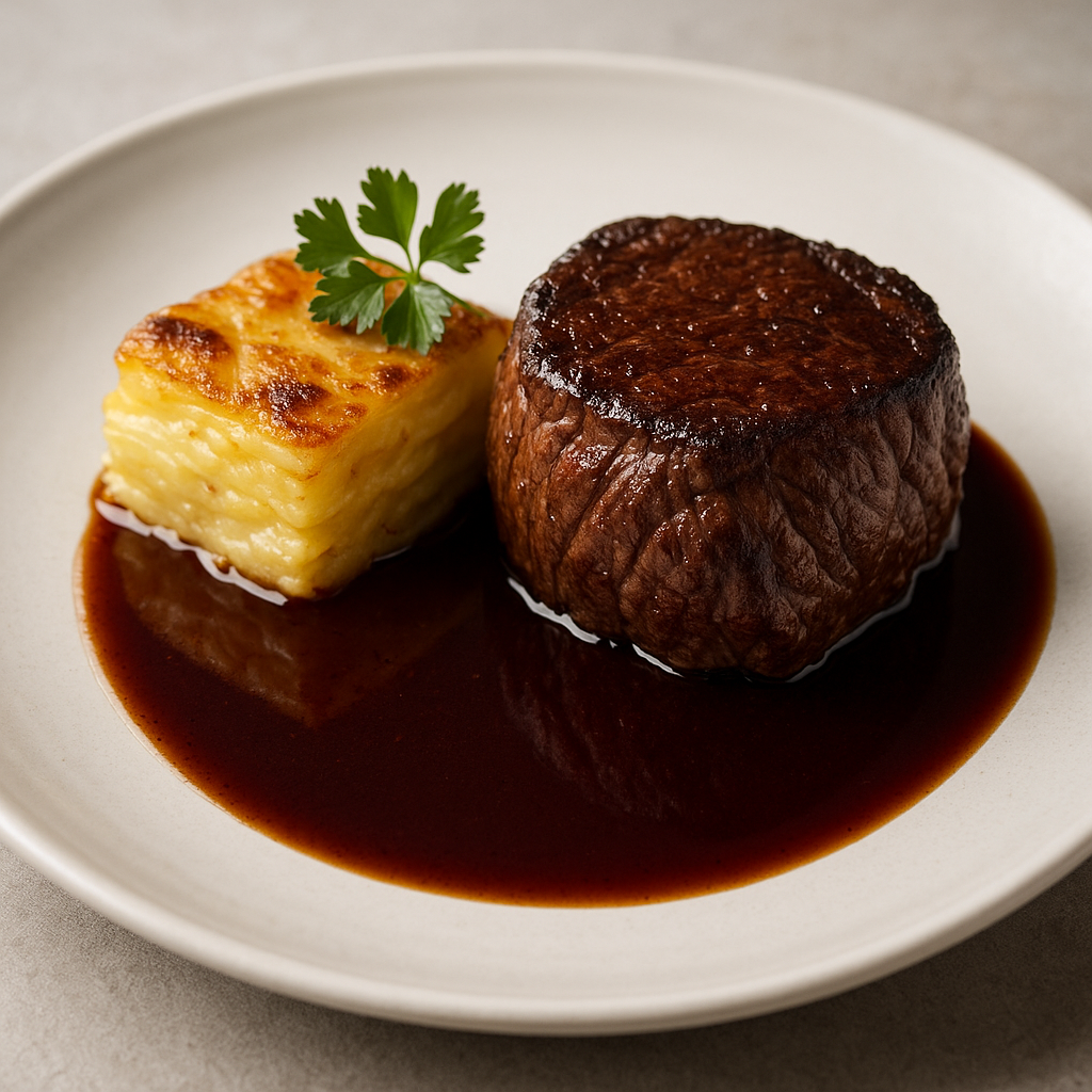 Oxfilé med potatisgratäng och rödvinssås