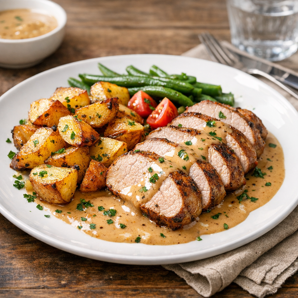 Fläskytterfilé i ugn med potatis och gräddsås