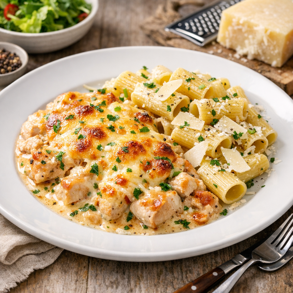 Krämig kycklinggratäng med pasta och grana padano