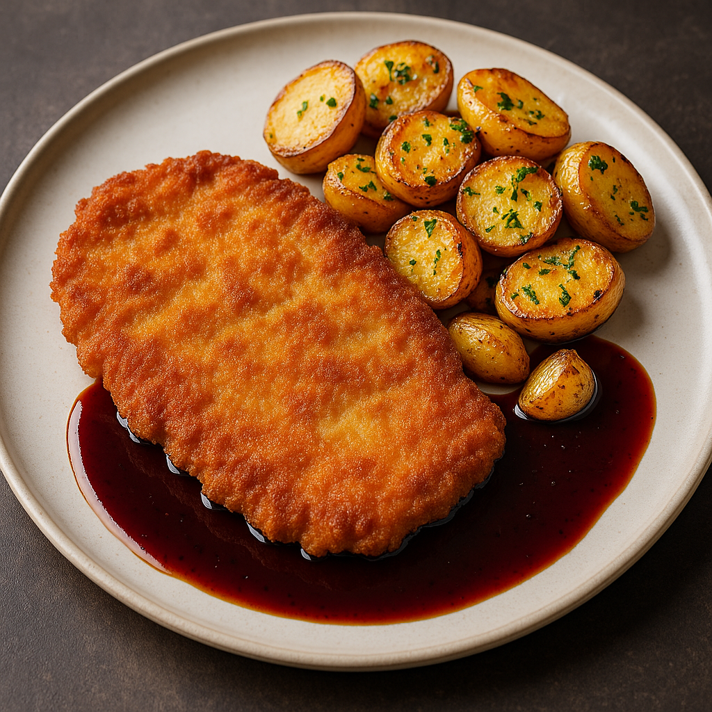 Schnitzel med smörstekta potatisar och rödvinssky