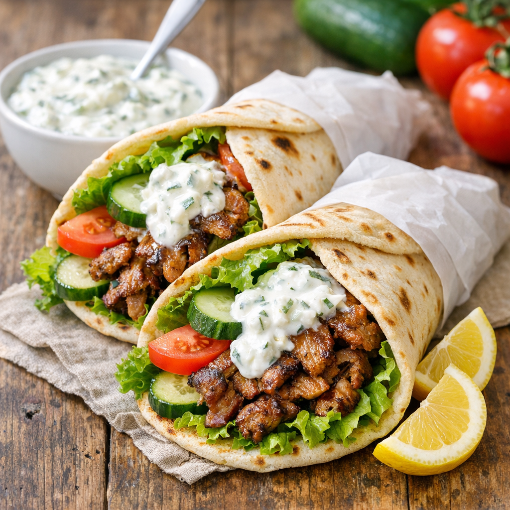 Gyros i tunnbröd med tzatziki