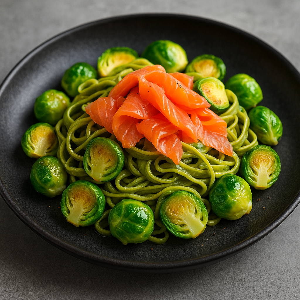 Spenatpasta med rökt lax och brysselkål